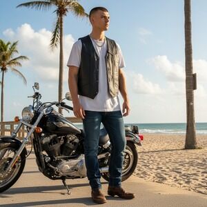 Hudson Leather Mens Vest Genuine Leather Black Biker Motorcycle Size XL